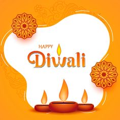 happy diwali greeting card with three candles on an orange and white floral background