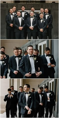 a group of men in tuxedos standing next to each other and posing for pictures