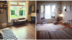 two pictures side by side one has a window and the other has a rug on the floor