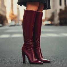 Step into fall with genuine leather burgundy knee-high boots that exude timeless elegance. The pointed toe and block heel design offer both style and comfort, making them perfect for pairing with cozy sweaters, skirts, or tailored coats. Elevate your autumn wardrobe with these statement boots for a look that’s effortlessly chic. 🍂👢 #FallFashion #KneeHighBoots #TimelessStyle" Burgundy Knee High Boots, Tailored Outfits, Statement Boots, Winter Styles, Tailored Coat, Rich Burgundy, Social Events, Designer Heels