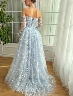 Baby Blue Serenade Gown | Teuta Matoshi Blue Gown Fantasy Aesthetic, Blue Wedding Ball Gown, Blue Cinderella Dress Prom, Blue Old Hollywood Dress, White And Baby Blue Wedding Dress, Light Blue Ball Gown Princesses, Cinderella Prom Look, Ethereal Dress Prom, Light Blue Cinderella Prom Dress