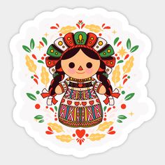 an illustration of a mexican doll with flowers and leaves on it's head, in the