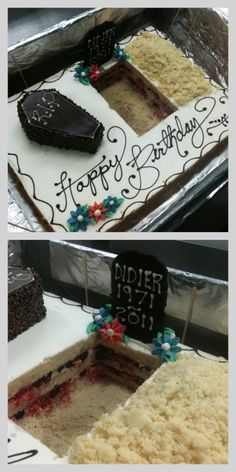 two pictures of different types of birthday cakes on trays with the same name and age