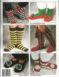 an advertisement for crochet socks and slippers with pictures of different designs on them