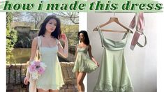 a woman standing next to a dress hanging on a clothes rack and another photo with the words how i made this dress