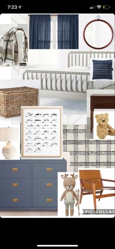 a collage of furniture and decor items including a baby crib, dresser, chair, lamp, teddy bear