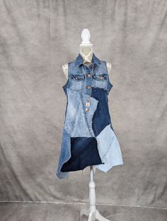 Upcycled long denim patchwork vest with frayed seams and jagged hem. Bust measures 38" when buttoned. Length varies from 32"-38". Upcycling Jeans, Patchwork Vest, Jeans Patchwork, Upcycled Jeans, Upcycle Jeans, Patchwork Jeans, Denim Patchwork, Vest Outfits, Womens Vest