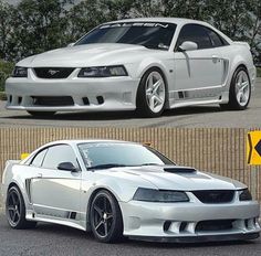 two pictures side by side of a white mustang