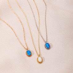 Opal Bezel Necklace 14k Solid Gold, Elegant Vintage Oval Cut Bezel Setting Blue White Opal Necklace, Perfect Valentine's Day Gift For Her Opal is an invaluable gift and has been used since ancient times for its spiritual properties as well as its breathtaking colors. In Ancient times, it was believed that opal possessed all the virtues of the gemstones whose colors flicker within it, and thus opal earned its reputation as the 'Queen of Gems'. Material: 14k Solid Gold (real gold, not gold plated, Blue Oval Pendant Necklace In Dainty Style, Gold Necklace With Oval Gemstone Accents, Gold Oval Necklace With Gemstone Accents, Oval Gold Necklace With Gemstone Accents, Blue Dainty Oval Pendant Necklace, Dainty Blue Oval Pendant Necklace, Elegant Blue Oval Cabochon Necklace, Blue Oval Birthstone Necklaces, Dainty Oval Cabochon Jewelry