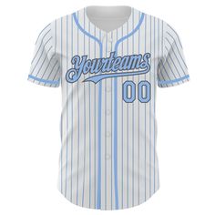 a baseball jersey with the word, younteams on it in blue and white stripes