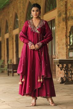 Shop for these amazing collections of Wine Anarkali And Dupatta Chanderi Silk Zardozi Angarakha Palazzo Set For Women by Niti Bothra online at Aza Fashions. Vine Colour Suits Women, Anarkali Palazzo Set With Dabka For Wedding, Traditional Drape Raw Silk Choli With Dabka, Traditional Long Anarkali Set With Resham Embroidery, Long Sleeve Raw Silk Lehenga With Dabka, Designer Raw Silk Choli With Dabka, Anarkali Sets With Zari Work In Traditional Drape, Anarkali Palazzo Set With Dabka In Chinon, Anarkali Palazzo Set With Dabka On Chinon