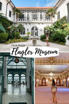 the palace museum in palm beach, florida with text overlaying it and photos of people walking around