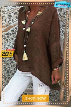 Solid Casual Long Sleeve V Neck Tunic Blouse Solid Bohemian V-neck Blouse, Solid Long Sleeve Bohemian Top, Bohemian Long Sleeve Solid Tops, Casual Brown Summer Blouse, Solid Bohemian Long Sleeve Top, Bohemian Long Sleeve Top, Bohemian V-neck Top, Fall Beach V-neck Blouse, Solid Color Bohemian Blouse For Vacation