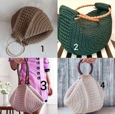 crocheted purses and handbags are shown in four different pictures, including one with