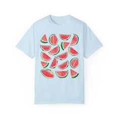 Get ready to add a pop of fruity fun to your wardrobe with our adorable Cute Watermelon Comfort Colors T-shirt! 🍉 Perfect for those sunny summer days, this Comfort Colors tee is so cozy you'll never want to take it off. Whether you love cottagecore vibes or love a good slice of watermelon, this shirt will surely be a hit! 🍉💕 The shirt print features cute watercolor watermelon slices. Makes a great Gift For Her or a fun treat for yourself! Enjoy your summer in our adorable shirt - at the picni Fun Strawberry Print Crew Neck T-shirt, Playful Graphic Print T-shirt For Vacation, Pink Fruit Print T-shirt For Summer, Cute Crew Neck T-shirt With Fruit Design, Cotton Vacation Tops With Fruit Print, Cotton Tops With Fruit Print For Vacation, Summer Fruit Design Crew Neck T-shirt, Summer Watermelon Cotton Tops, Summer Strawberry Print Short Sleeve Tops