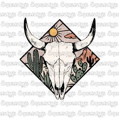 the longhorn steer skull with cactus and sun on it's head is shown