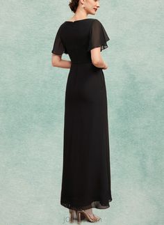 a woman in a long black dress with short sleeves and a high low neckline