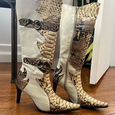 Mid Calf Real Snakeskin Boot Thrifted In Mexico !! Just Took Them To The Cobbler To Get The Soles Reattached (Sturdy Boot In Amazing Condition) So Cute With A Mini Skirt The Cobbler, Snakeskin Boots, Cobbler, White Cream, Shoes Heels Boots, Cream White, Mid Calf, Snake Skin, Shoes Women Heels