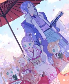 an anime scene with cats and people under umbrellas in front of the camera man