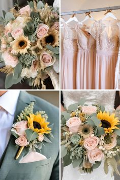 wedding bouquets with sunflowers and roses are arranged in four different pictures, including the bride's dress