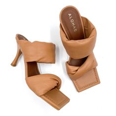 New Alohas Puffy Twist Strap Sandals Camel Leather Square Open Toe Sz 36 / 6 Unworn Condition. Please Note There Are Some Signs Of Being Handled In A Retail Environment, Such As Corner Wear On Edges. Please See Images To Evaluate. Sleek Square-Toe Mules Stiletto Heels With Two Padded Straps Square Toe Leather Lining Man Made Sole Covered Stiletto Heel Brown Heel Strap Mules For Spring, Brown Mules With Heel Strap For Spring, Chic Brown Heels For Spring, Open Toe Heels With Wrapped Heel For Day Out, Chic Brown Heels With Sculpted Heel, Elegant Brown Sandals For Day Out, High Heel Sandals With Wrapped Heel For Day Out, High Heel Sandals With Wrapped Heel For Work, Trendy Brown Sandals With Sculpted Heel