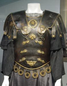 an elaborately designed leather armor on display in a glass case