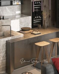 a kitchen with two stools next to a counter top and an oven in the background