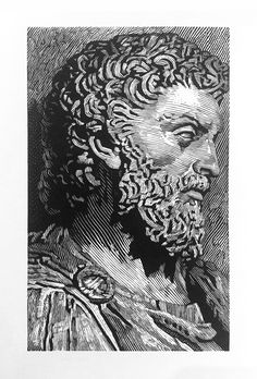 a black and white drawing of a man with curly hair