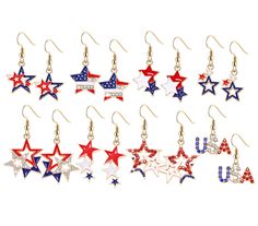 red, white and blue stars are hanging from earrings