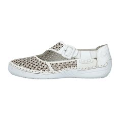 Rieker Comfort Slip-On Women's Ballerinas, White Rieker Comfort Slip-On Women's Ballerinas, White Experience the perfect blend of comfort and style with these crystal white ballerinas crafted from faux leather by Rieker. The elastic insert ensures easy slip-on while the lightweight, shock-absorbing sole provides lasting comfort even on the longest days. Additionally, the extra soft insole adds an extra layer of comfort. Step into fashionable comfort with Rieker's style!    Color:  White   Closure:  Slip-On   Care Instructions:  Remove dust and dirt with a soft shoe brush or a lint-free, slightly damp cloth. White Flat Heel Walking Shoes, White Slip-on Walking Shoes With Flat Heel, White Walking Shoes With Rubber Sole And Round Toe, White Perforated Lace-up Walking Shoes, White Leather Walking Shoes With Rubber Sole, White Lace-up Walking Shoes With Perforations, White Low-top Walking Shoes With Removable Insole, White Leather Walking Shoes With Removable Insole, Casual White Closed Toe Walking Shoes