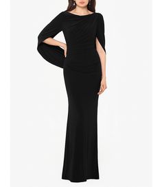 Betsy & Adam Cowl Neck Sleeveless Draped Back Mermaid Gown | Dillard's Fitted Pre-draped Evening Dress With Cape Sleeves, Fitted Pre-draped Evening Dress With Cowl Back, Fitted Draped Gown With Sweep Train, Elegant Evening Dress With 4-way Stretch, Elegant Wedding Dress With 4-way Stretch, Fitted Bodice Gown With Cowl Back, Elegant Formal Dress With 4-way Stretch, Formal Fitted Gown With Cowl Back, Sheath Gown