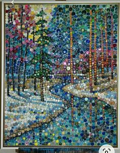 a painting made out of bottle caps with trees in the background