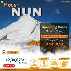 an advertisement for the mount nun event with tents in front of a snowy mountain