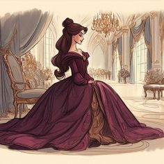 a drawing of a woman in a purple dress sitting on a chair with a chandelier behind her