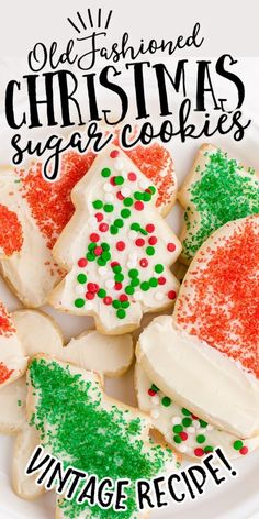 christmas sugar cookies on a white plate with green and red sprinkles in the middle