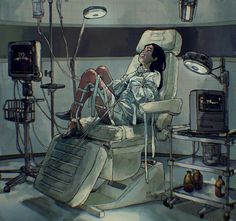 a drawing of a woman laying in a hospital bed surrounded by medical supplies and equipment