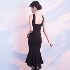 Chic / Beautiful Black Party Dresses 2018 Trumpet / Mermaid Halter Sleeveless Tea-length Ruffle Backless Formal Dresses Fitted Halter Neck Mermaid Dress For Evening, Chic Sleeveless Mermaid Dress For Formal Occasions, Sleeveless Ruffle Mermaid Dress For Prom, Fitted Black Sleeveless Dress For Prom Season, Sleeveless Mermaid Dress With Ruffles For Formal Events, Sleeveless Mermaid Dress With Ruffles For Formal Occasions, Sleeveless Ruffle Mermaid Dress For Formal Events, Elegant Black Backless Mermaid Dress, Sleeveless Ruffle Mermaid Dress For Formal Occasions