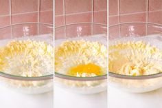 three images show how to make an egg mixture in a bowl with water and sugar