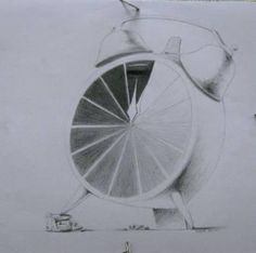 a drawing of a spinning wheel with a person standing next to it and holding an umbrella