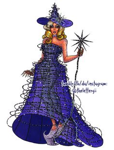 a drawing of a woman in a purple dress and hat holding a wand with stars on it