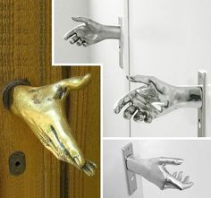 three pictures of hands that are attached to a door