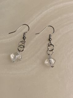 -Clear dice- -hand made- Nickel Free Clear Minimalist Earrings, Clear Glass Dangle Jewelry, Handmade Metal Jewelry With Clear Color, Clear Metal Earrings For Gift, Clear Metal Earrings For Gifts, Handmade Clear Metal Jewelry, Handmade Clear Earrings For Everyday, Dangle Crystal Earrings As Gift, Clear Dangle Crystal Earrings As A Gift