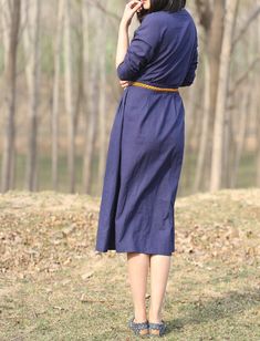 "【Fabric】 Cotton, linen 【Color】 dark blue 【Size】 Shoulder 39cm / 15.2 \" Bust 108cm / 42 \" Sleeve 50cm / 20 \" Cuff around 25cm / 10 \" Waist 112cm / 44 \" Length 120cm / 47 \" Washing & Care instructions: -Hand wash or gently machine washable do not tumble dry -Gentle wash cycle (40oC) -If you feel like ironing (although should not be necessary) , do it with steam or while the dress is still slightly wet -Do not bleach If you like this dress, perhaps you will also like other dresses from o Navy Cotton Midi Dress For Spring, Navy Long Sleeve Midi Dress For Summer, Navy Cotton Midi Dress, Blue 3/4 Length Midi Dress For Summer, Blue Summer Midi Dress 3/4 Length, Indigo Long Sleeve Dress For Work, Blue Knee-length Long Sleeve Summer Dress, Blue Linen Long Sleeve Midi Dress, Blue Long Sleeve Linen Midi Dress