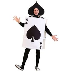 a man dressed as a card suit and holding up a sign with cards on it