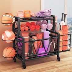 a rack filled with different types of sports equipment on top of a hard wood floor