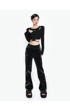 Applicable age: 18-24 years old Size: S M L Style: Commuter Commuter: Korean Women's trousers waist height: high waist color: black Item number: X22K5766 Season of the Year: Winter 2022 Thickness: Regular Length: trousers Women's pants type: straight pants Material composition: PU Chic Black Wide Leg Pants For Streetwear, Trendy High Waist Black Bottoms, Trendy Black Wide Leg Pants, Trendy High-waisted Black Bottoms, Chic Black Bottoms For Streetwear, Trendy Black High Waist Wide Leg Pants, Edgy High Waist Wide Leg Pants For Night Out, Black High Waist Edgy Bottoms, Black Straight Jeans For Night Out