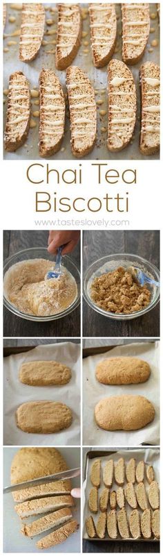 the steps to making chai tea biscotti bread are shown in this collage