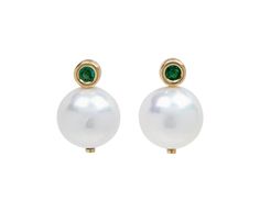 With their stunning combination of pearls and emeralds, these Beck Jewels earrings will add a perfect modern luxury to any collection. The round emeralds are set in a polished 18K yellow gold scuba setting and anchored by one large, round white freshwater pearl. The emerald studs connect to 18K yellow gold post backs. total length : 3/4"emeralds : 3mm diameter : .08cttwfreshwater pearls : 13mm diameter18K yellow gold post backs Luxury Green Jewelry With Pearl Drop, Formal Green Pearl Drop Earrings, Green Pearl Earrings For Formal Occasions, Green Round Pearl Earrings For Formal Occasions, Green Round Classic Pearl Earrings, Formal Pearl Drop Earrings For May Birthstone, Emerald Studs, Daniela Villegas, Digby And Iona