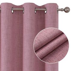 pink curtain with metal rod ends in front of a white background and an image of the fabric