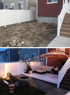 before and after pictures of a backyard with deck, patio furniture and fire pit area